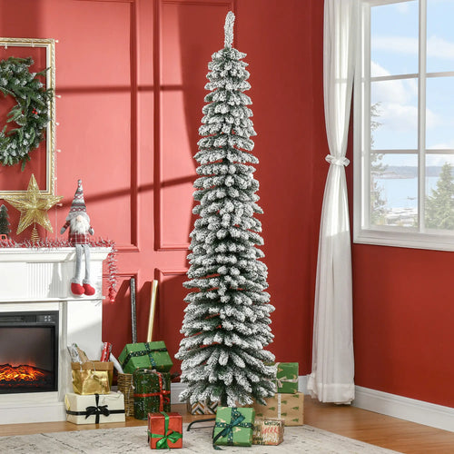 7ft Snow-Flocked Artificial Christmas Tree, Slim Pencil, 490 Branches, Metal Base, Green