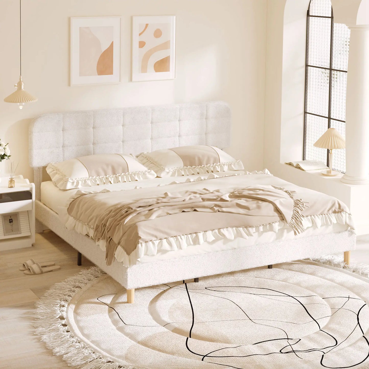King Size Bed Frame, Adjustable Headboard, Upholstered Platform, White Bed Frames at Gallery Canada