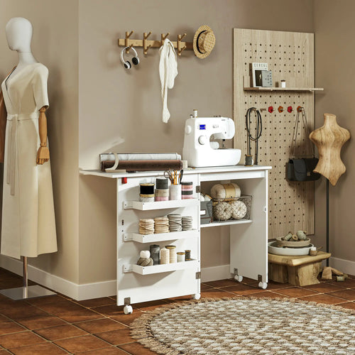 Folding Sewing Table with Storage, Lockable Wheels, White