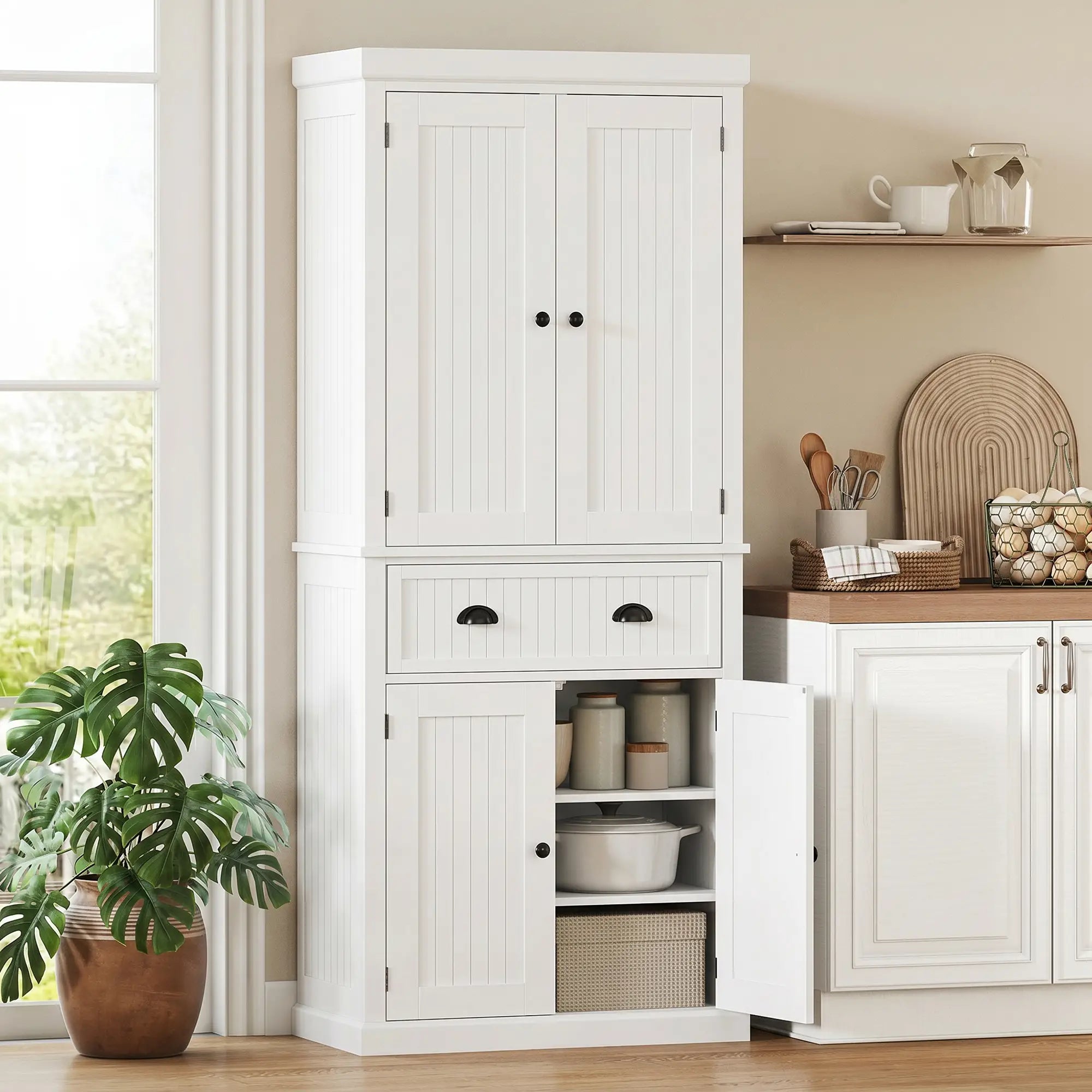 72 Inch Kitchen Pantry, Storage Cabinet with Drawer, White, White Kitchen Pantry Cabinets at Gallery Canada