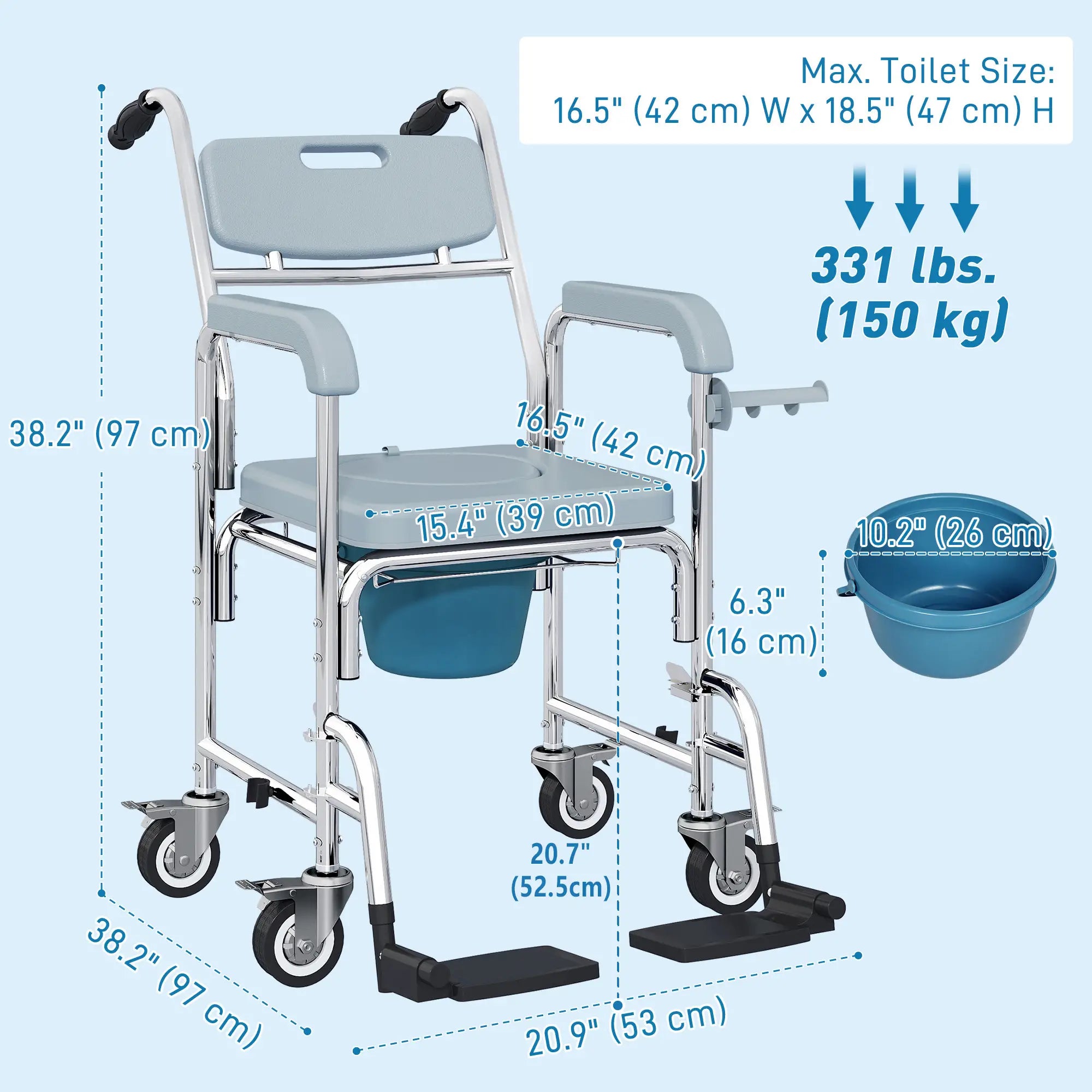 Rolling Shower Chair, Commode with Wheels, Backrest, Arms, Flip Footrests, Grey Bath Chairs at Gallery Canada