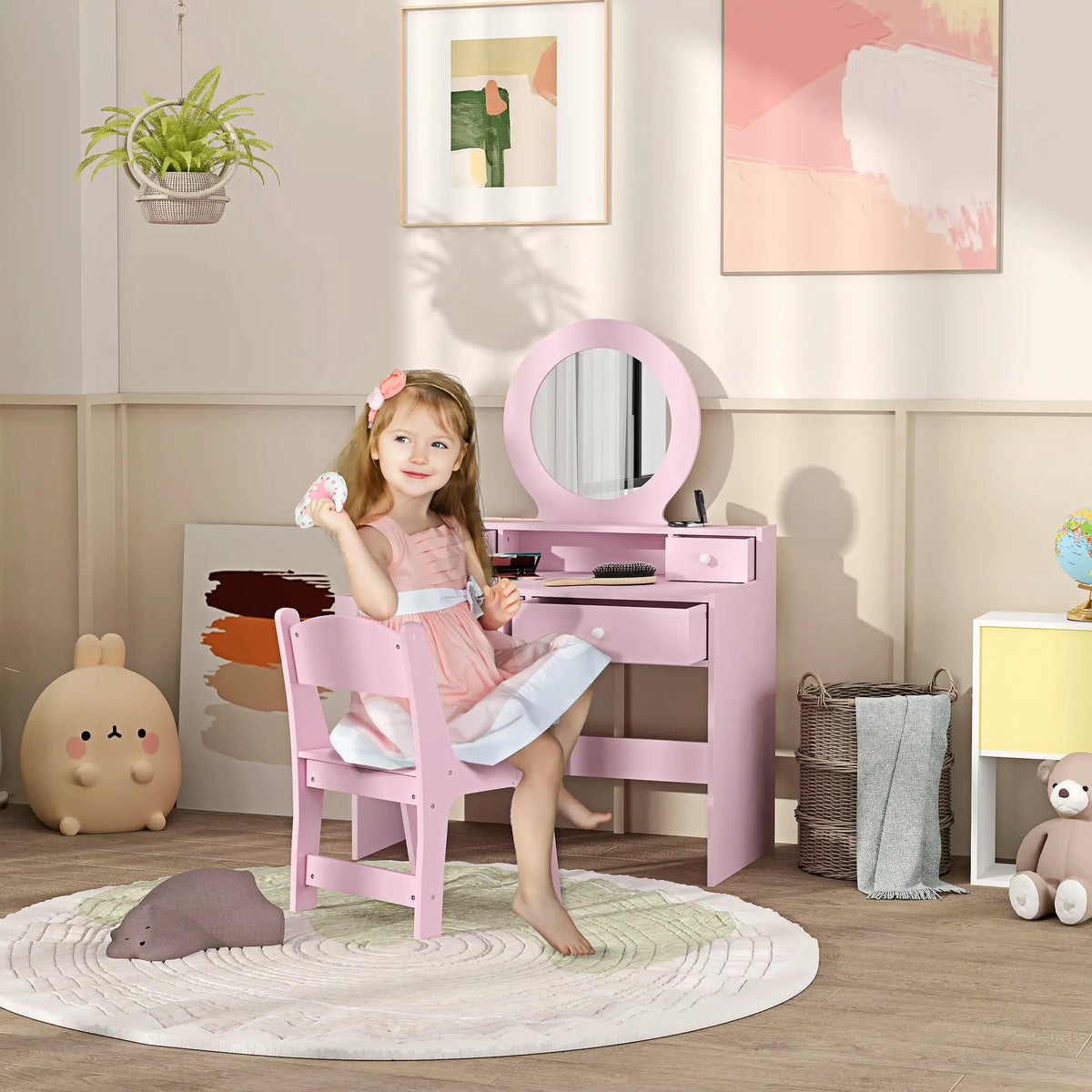 Kids Vanity Set, Makeup Table with Mirror, Stool, Drawers, Ages 3-8, Pink Toy Vanity at Gallery Canada