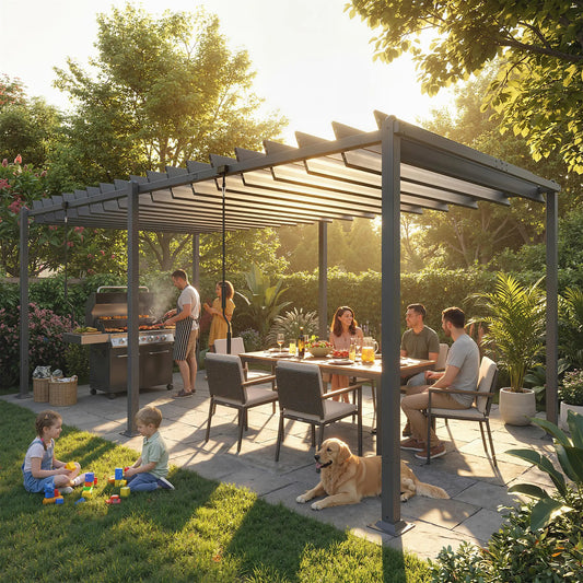 10' x 19' Dark Grey Louvered Pergola, UPF50+ Adjustable Roof, Aluminum Frame, Dark Grey Pergolas Dark Grey at Gallery Canada