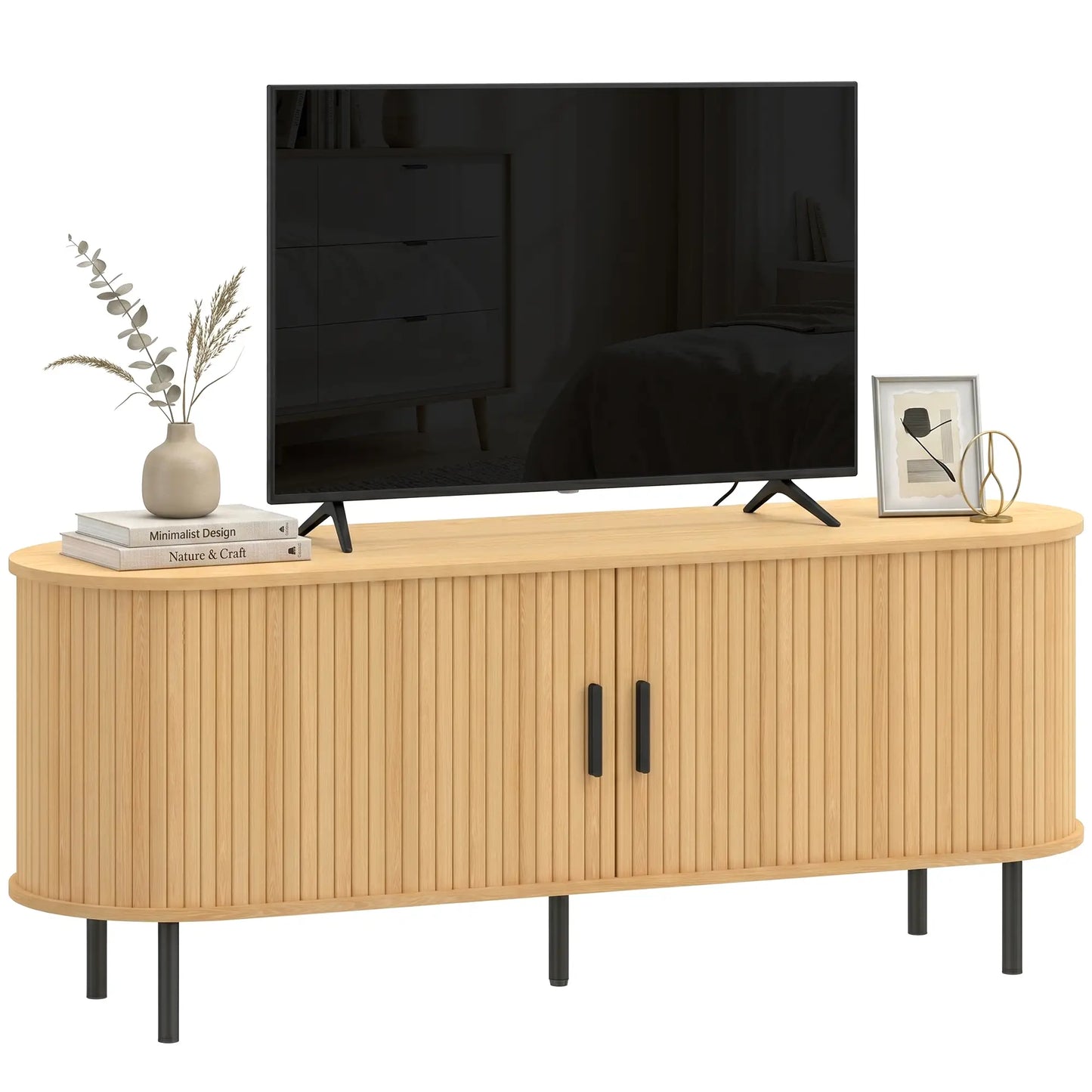 TV Stand for TVs up to 60", Modern Entertainment Center with Curved Sliding Doors, Natural Wood TV Stands at Gallery Canada
