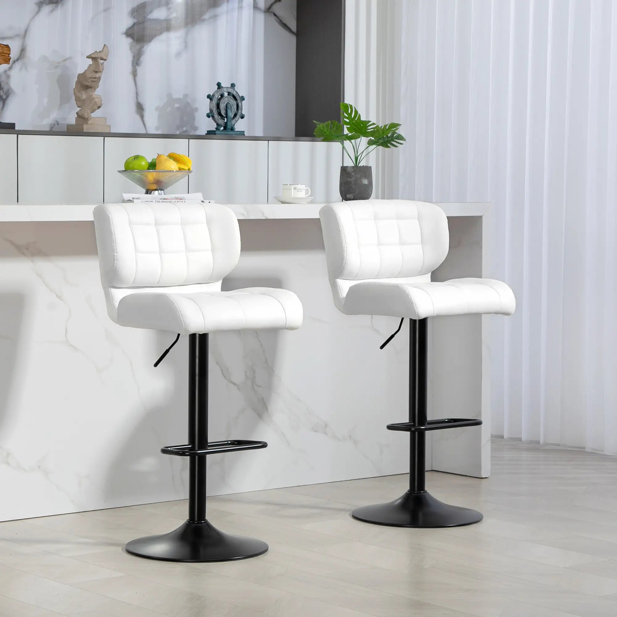 Swivel PU Leather Barstools, Set of 2, Adjustable with Footrest, White Bar Stools at Gallery Canada