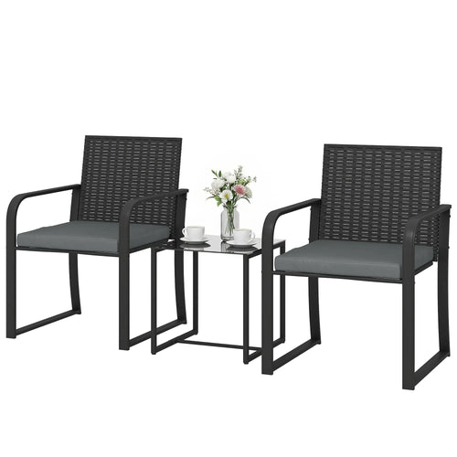3 Piece Wicker Patio Set, Mesh Seat, Glass Table, Cushions, Grey