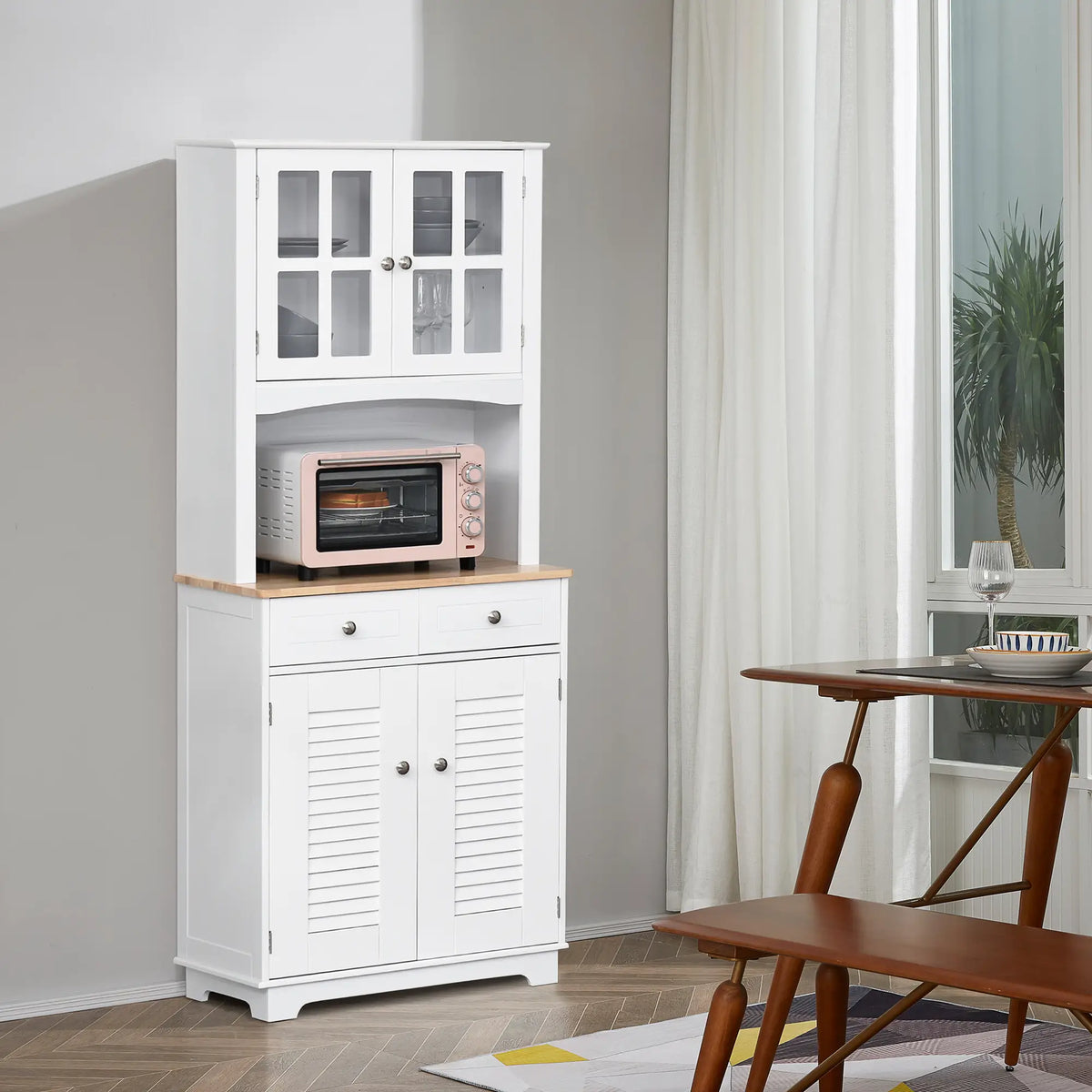 Coastal Kitchen Buffet Hutch, Wood Storage Cupboard, Glass Door, White Kitchen Pantry Cabinets at Gallery Canada