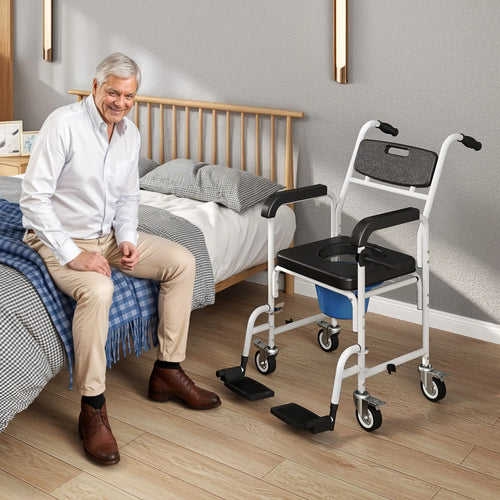 Rolling Shower Wheelchair, Bedside Commode Chair with Locking Wheels, Black