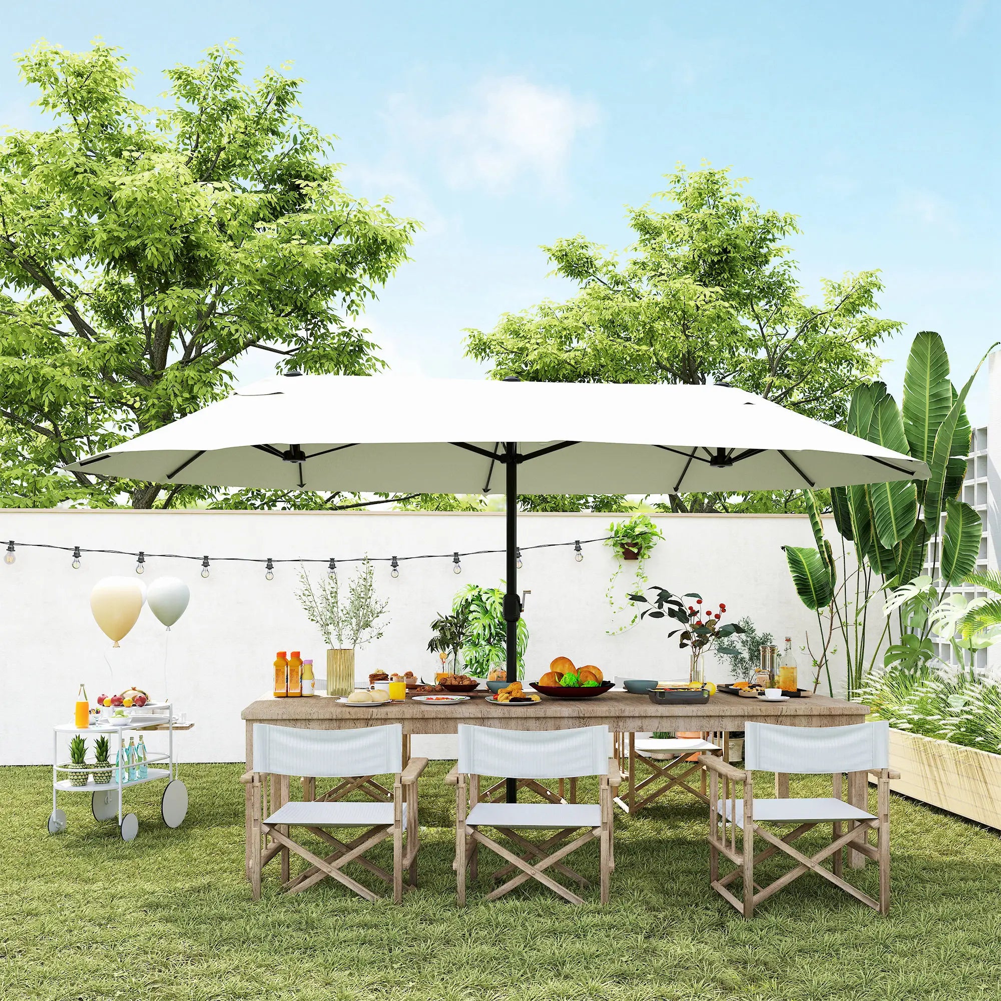 15 Ft Twin Canopy Patio Umbrella, Steel Lift Crank, Beige Sun Umbrellas at Gallery Canada