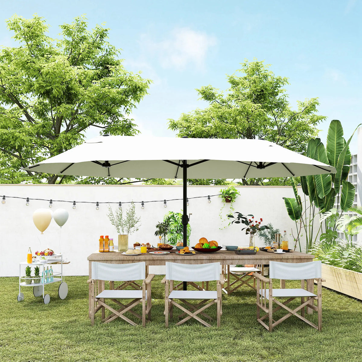 15 Ft Twin Canopy Patio Umbrella, Steel Lift Crank, Beige Sun Umbrellas at Gallery Canada