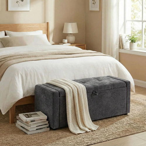 Storage Ottoman Bench, Linen Fabric, Wide Padded Seat, Dark Grey