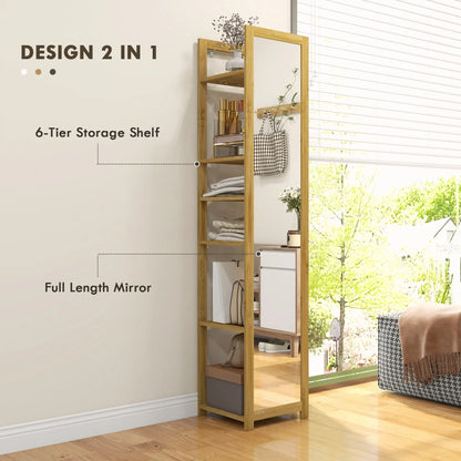 66" x 14" Standing Mirror, 6-Tier Shelf, Full Body Floor Mirror, Nature Wood Bathroom Cabinets at Gallery Canada