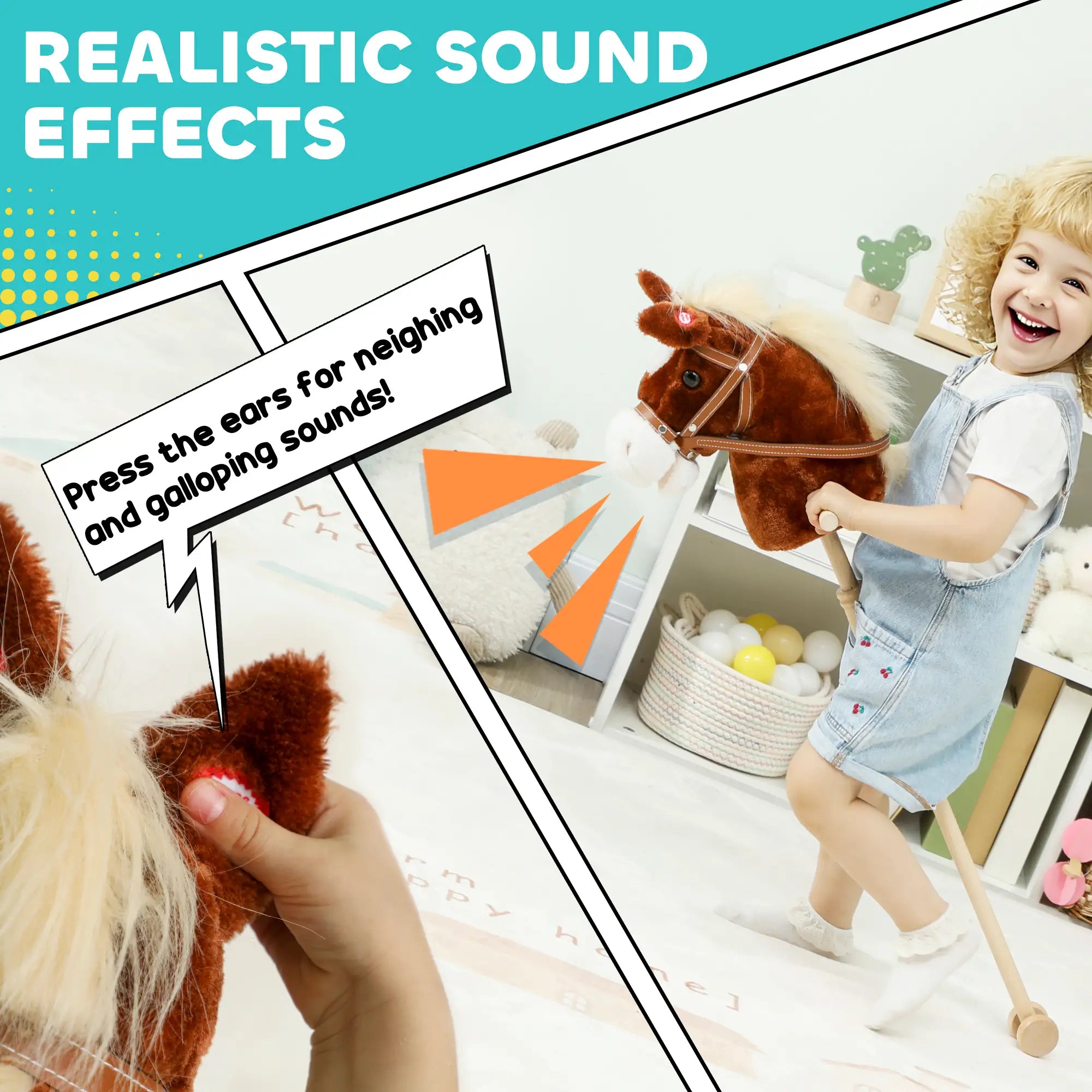 Unicorn Stick Horse, Plush Hobby Horse with Wood Wheels, Neighing Sounds, Brown Rocking Horses at Gallery Canada