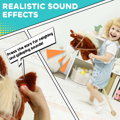 Unicorn Stick Horse, Plush Hobby Horse with Wood Wheels, Neighing Sounds, Brown Rocking Horses at Gallery Canada