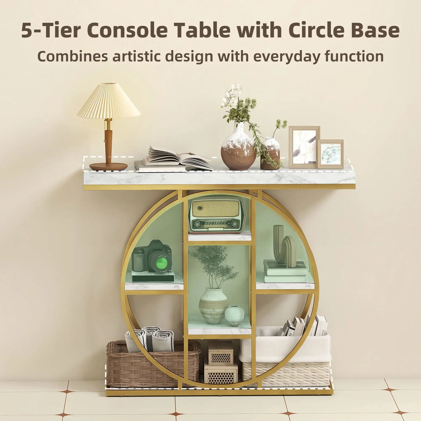 39.4" Console Table With Storage Shelves, White Marble Effect, White Console Tables at Gallery Canada