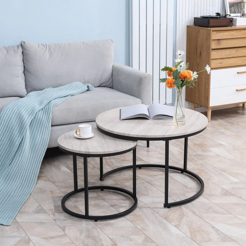Nesting Coffee Tables Set of 2, Round, Metal Frame, Wood Grain, Grey