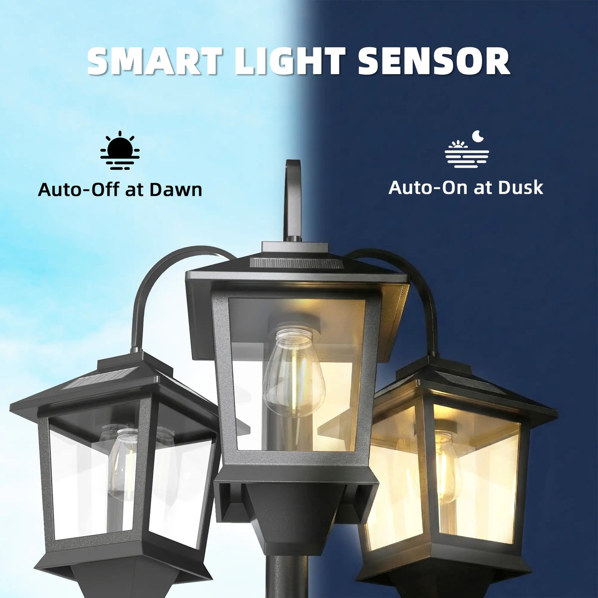 74" 3-Head Solar Lamp Post Light, Waterproof LED, Automatic Dusk-to-Dawn Sensor Solar Post Lamps at Gallery Canada