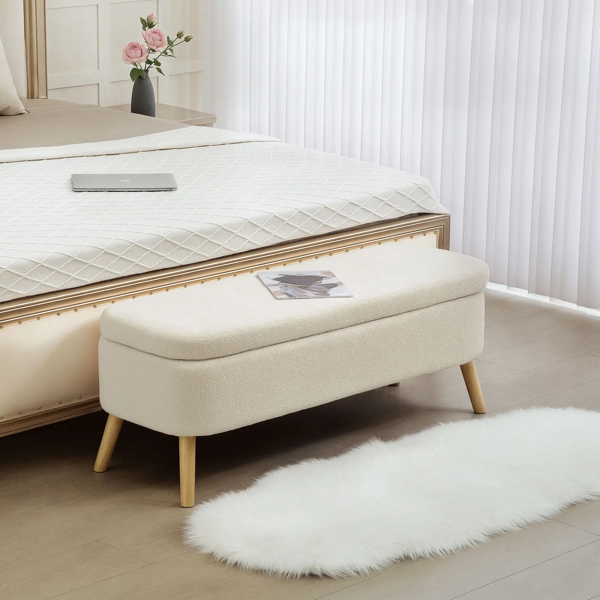 47 Inches Storage Ottoman Bench, Upholstered Teddy Fleece, Beige Storage Ottomans & Benches at Gallery Canada