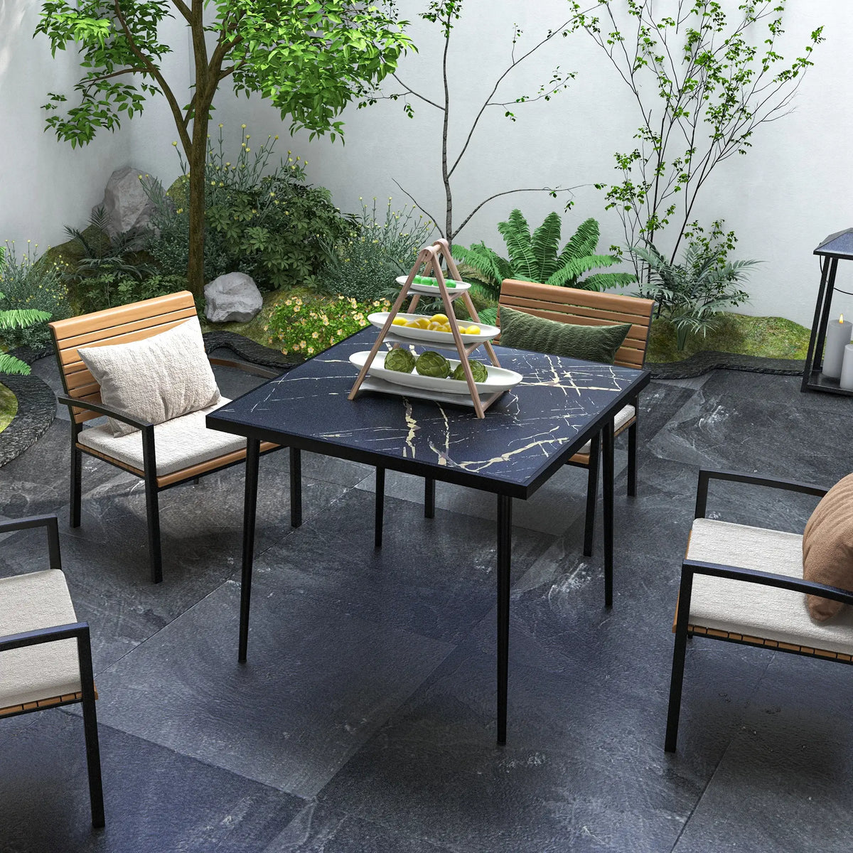 Square Patio Dining Table for 4, Marble Effect Glass Top, Steel Frame, Black Patio Dinning Tables at Gallery Canada