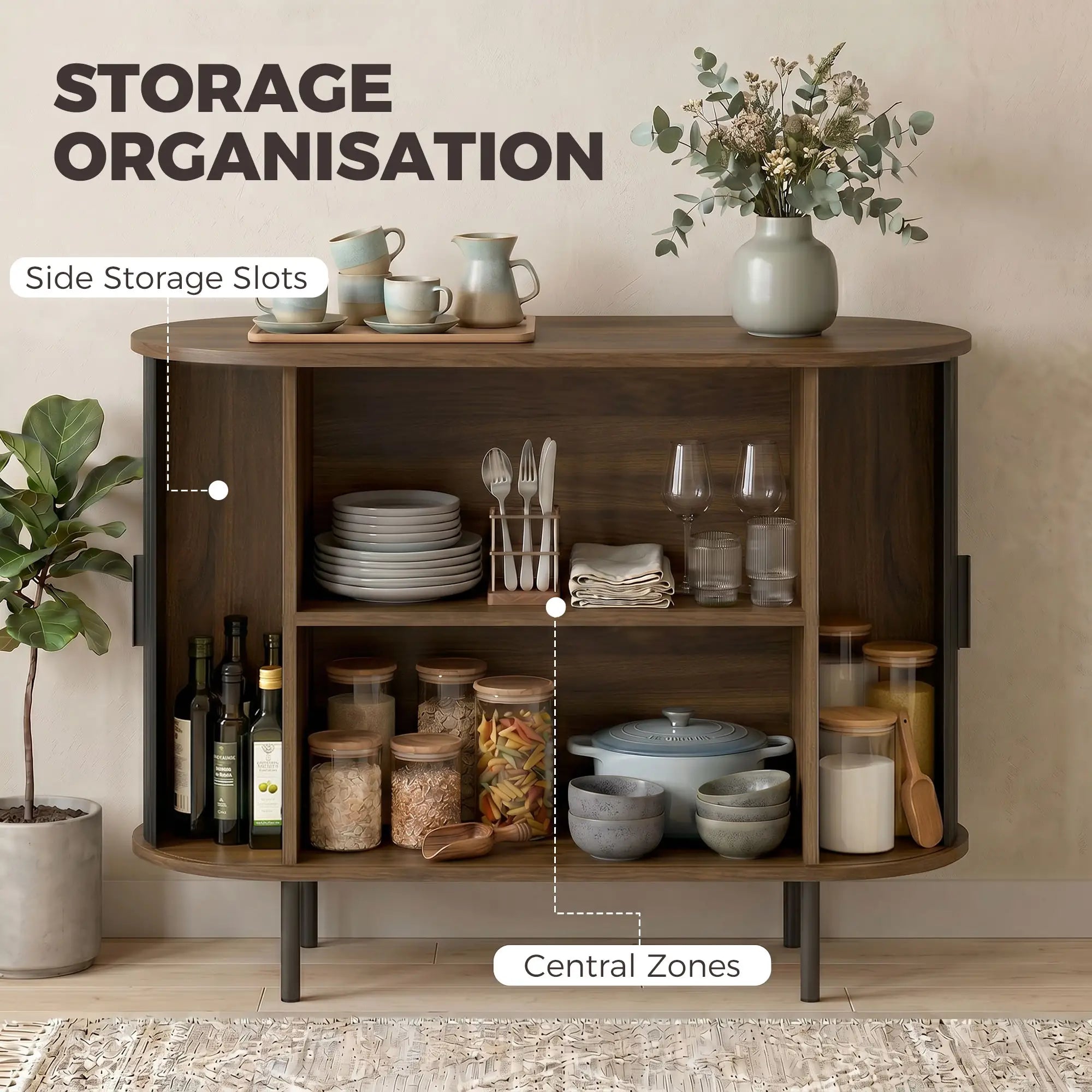 Wood Grain Sideboard With Curved Tambour Doors, Brown Storage Cabinets at Gallery Canada
