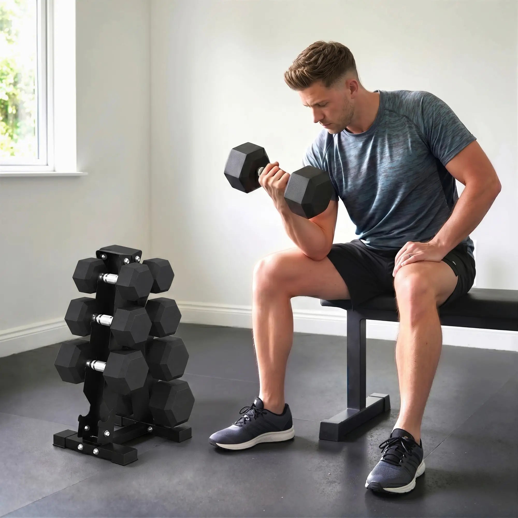 Hex Dumbbell Set With Rack, 180lbs Rubber-Coated, black Dumbbells & Barbells at Gallery Canada