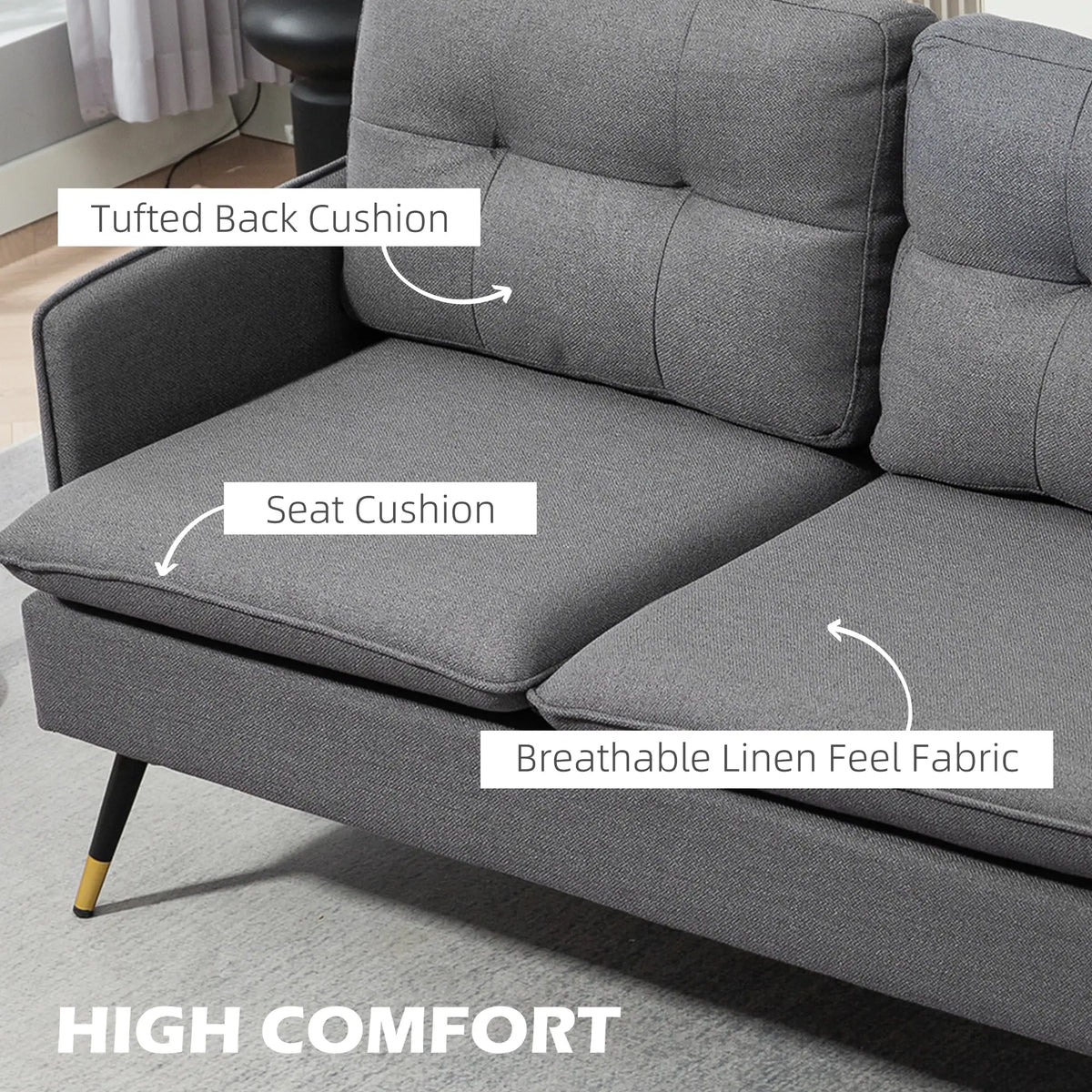 Modern 55" Loveseat, Fabric Sofa, Button Tufted Back, Steel Legs, Dark Grey 2-Seater Sofas at Gallery Canada