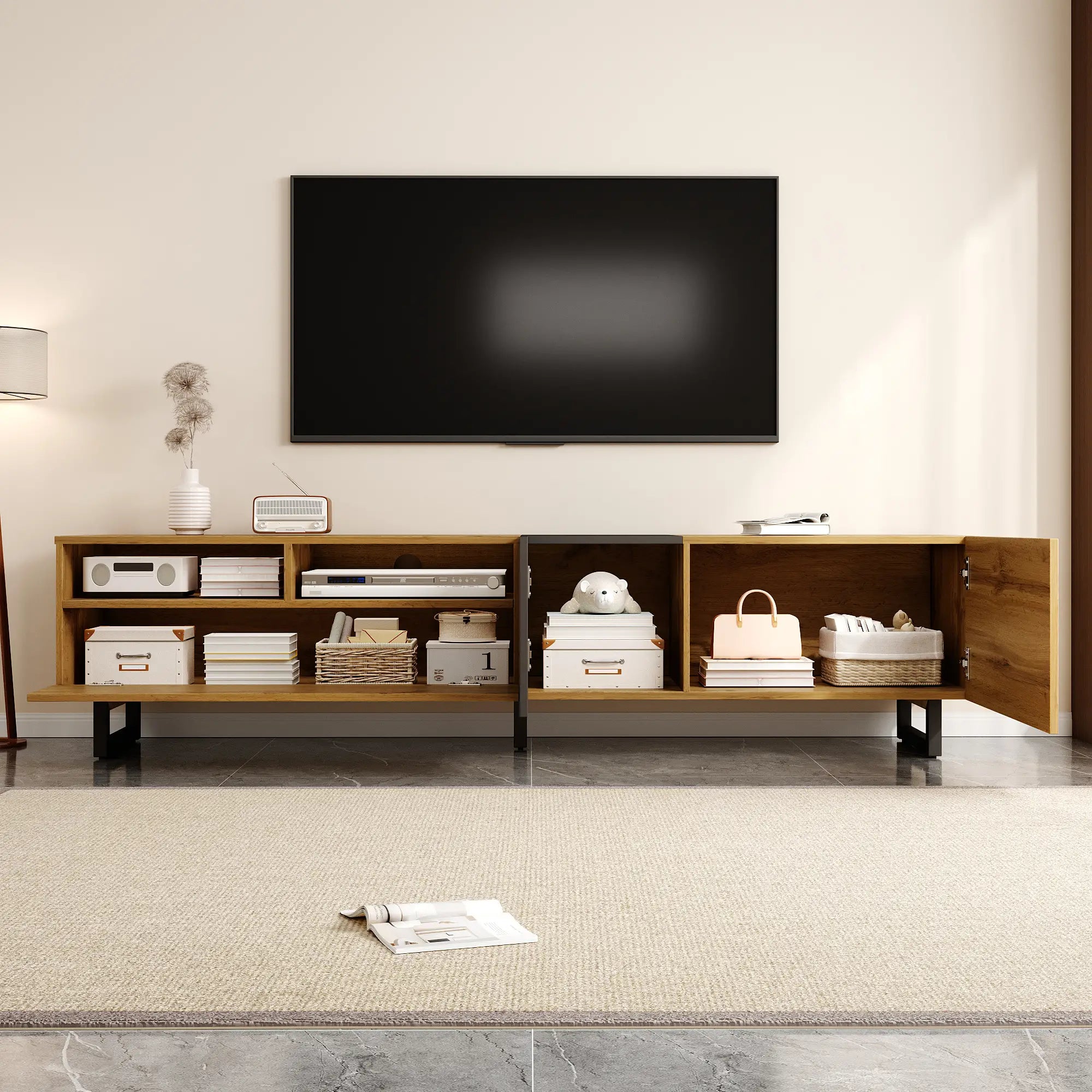 TV Stand, U-Shaped Metal Legs, 3 Doors, 2 Compartments, 67