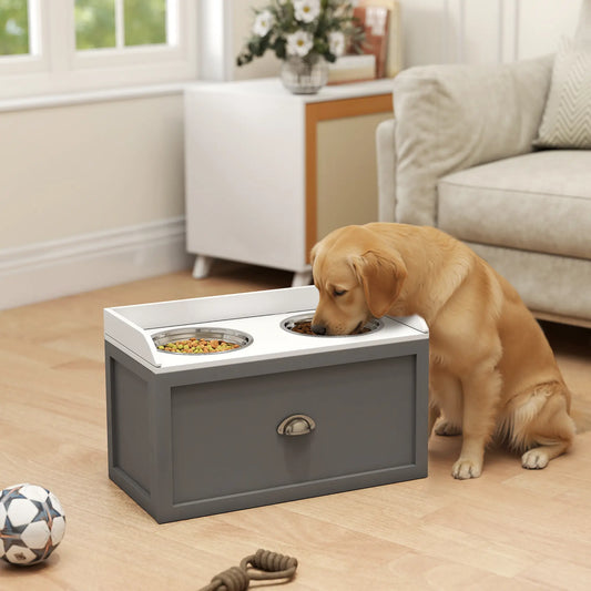 Large Elevated Dog Bowls, Storage Drawer, 2 Stainless Steel Bowls, Grey Dog Bowls Grey, White at Gallery Canada