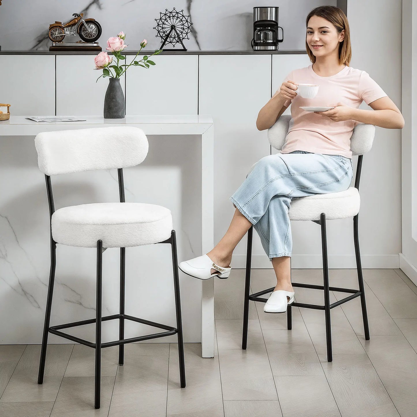 Set of 2 Barstools, Upholstered with Backrest, Footrest, Cream White Bar Stools at Gallery Canada
