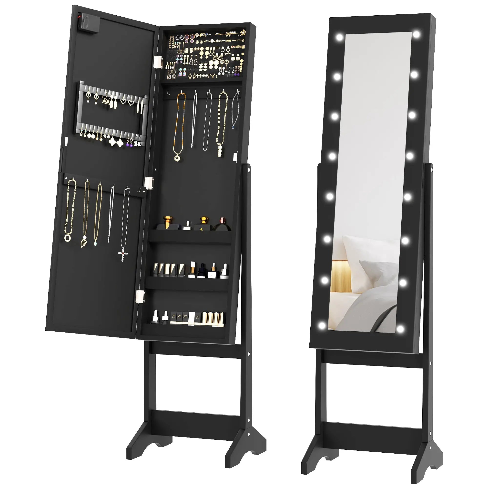 Free Standing Armoire Organizer, Lighted Mirrored Jewelry Cabinet, 16 LED Lights, Black Jewelry Armoire & Jewellery Mirror Cabinets at Gallery Canada