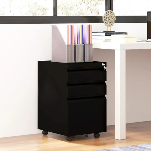 3 Drawer File Cabinet with Lock, Steel, 5 Wheels, Black