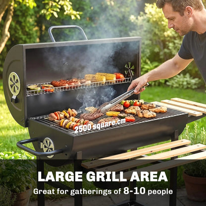 Charcoal BBQ Grill With Foldable Shelves, Warming Rack, Thermometer, Wheels