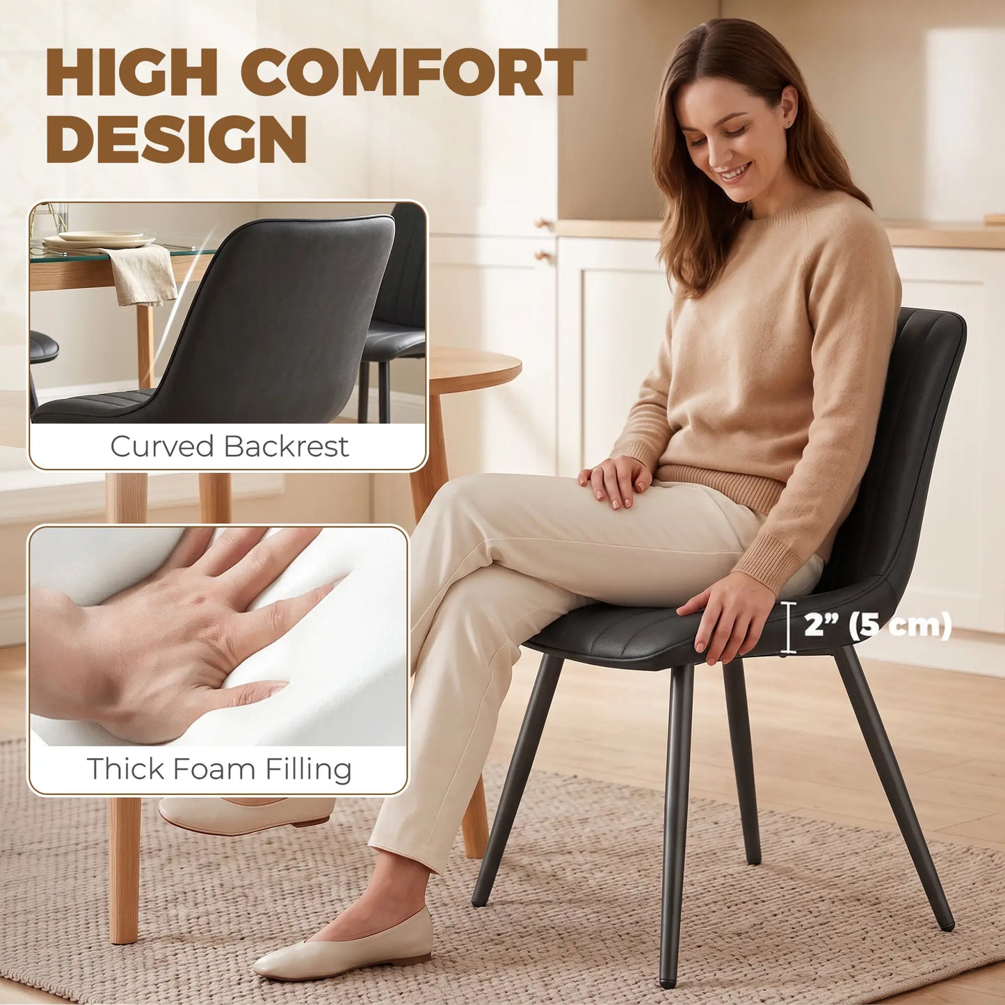 Faux Leather Dining Chairs Set of 4, Black Metal Legs, Black