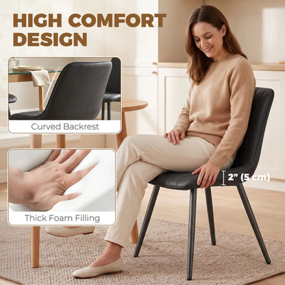Faux Leather Dining Chairs Set of 4, Black Metal Legs, Black