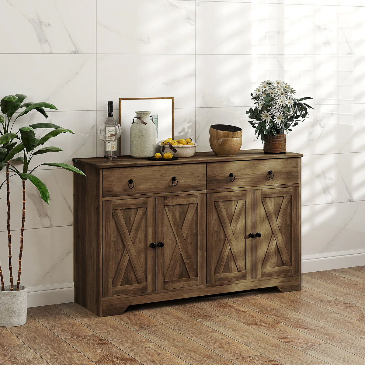 Sideboard Cabinet, 2 Drawers, 4 Barn Doors, 2 Adjustable Shelves, Light Brown Bar Cabinets at Gallery Canada