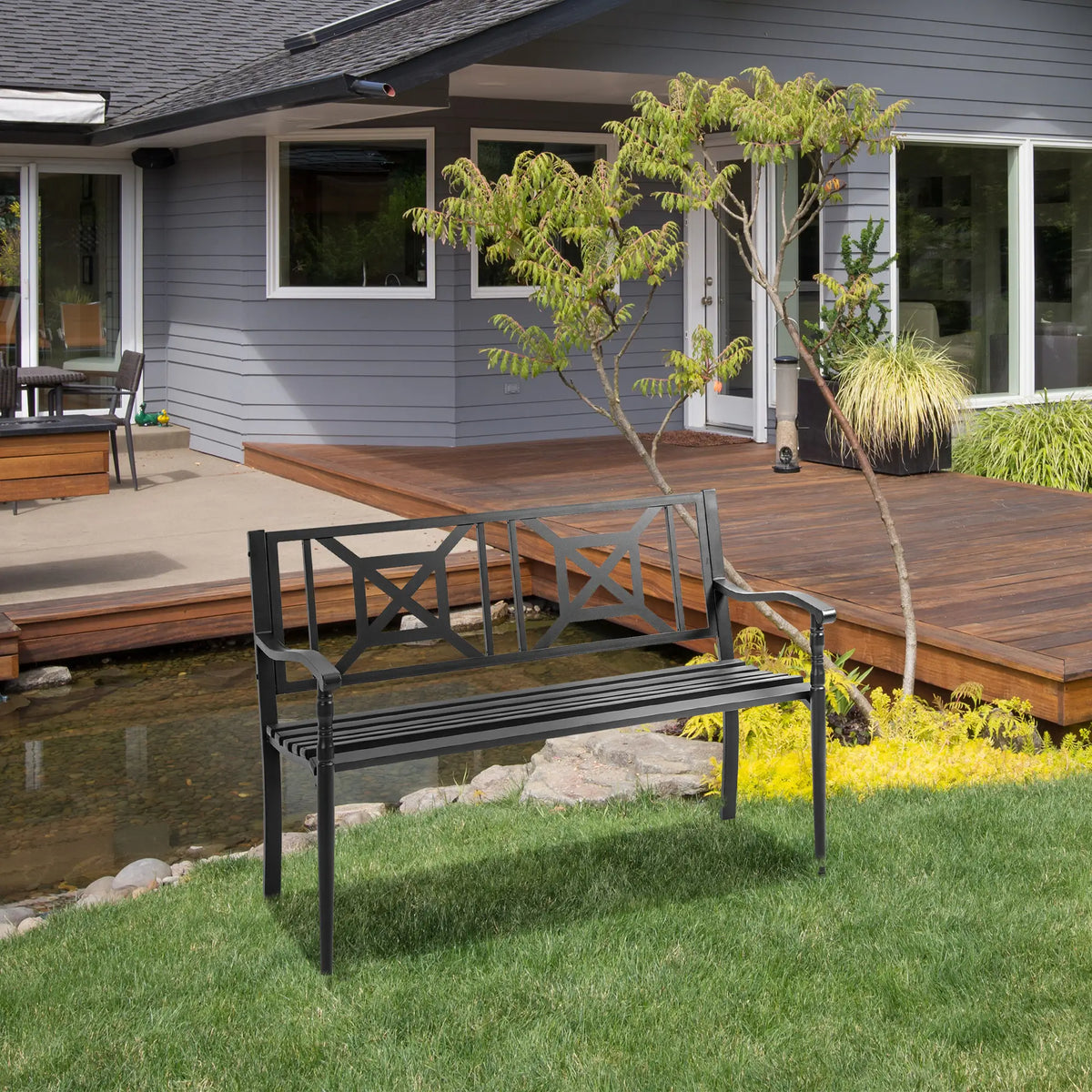 Steel Garden Bench, 2-Person Patio Loveseat, Black Outdoor Benches at Gallery Canada