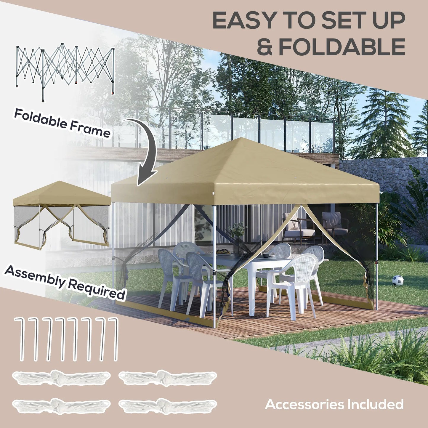 10' x 10' Pop-Up Party Tent, UPF50+ Outdoor Canopy, Mesh Sidewalls, Khaki Pop Up Canopies at Gallery Canada