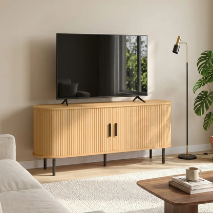 TV Stand for TVs up to 60", Modern Entertainment Center with Curved Sliding Doors, Natural Wood TV Stands at Gallery Canada