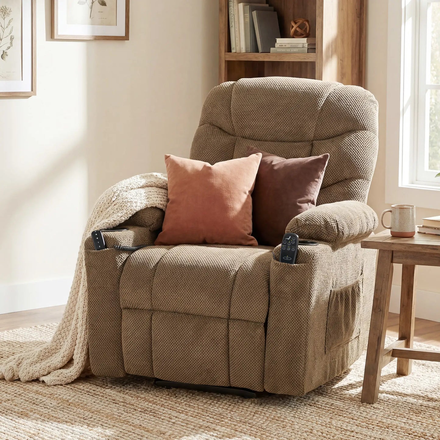 Electric Lift Recliner Chair, Massage, Side Pockets, Cup Holders, Remote, Brown Electric Power Lift Chairs at Gallery Canada