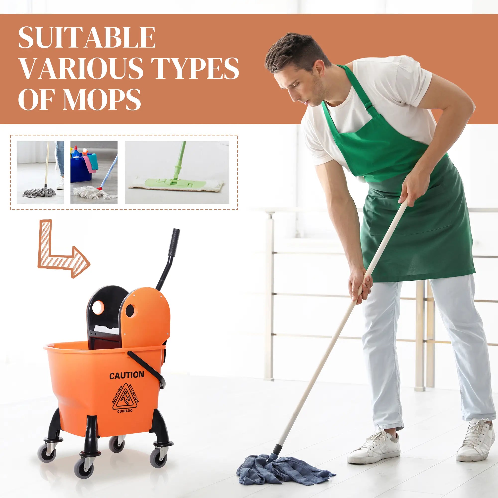 6.9 Gal/26L Mop Bucket With Wringer, Wheels, Handle, Orange Household Supplies at Gallery Canada