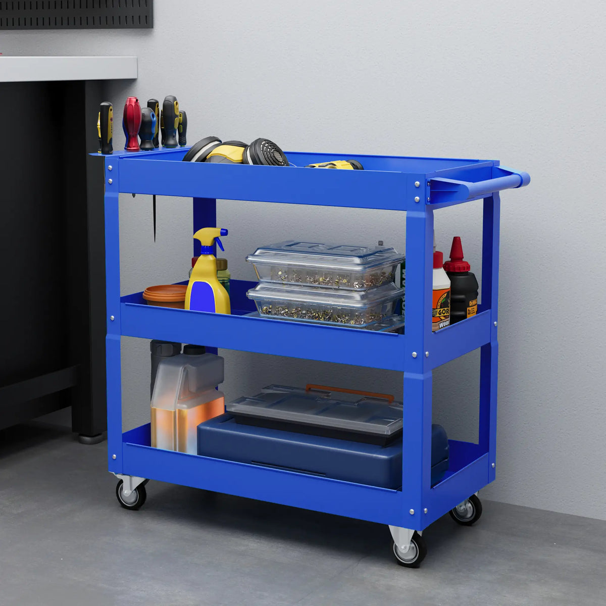 3 Tier Rolling Tool Cart, 330 LBS Heavy Duty Utility Cart, Blue Tool Organizers at Gallery Canada