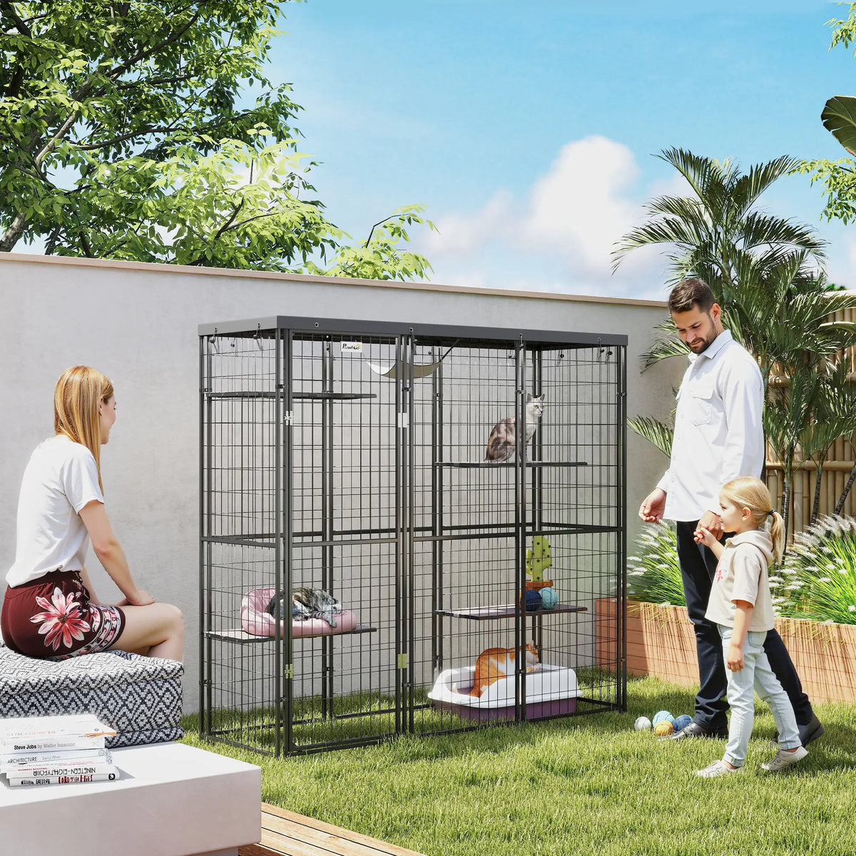Wire Catio, 69" x 22" x 62", Waterproof Cover, 4 Platforms, Hammock, Black Outdoor Cat Enclosures at Gallery Canada