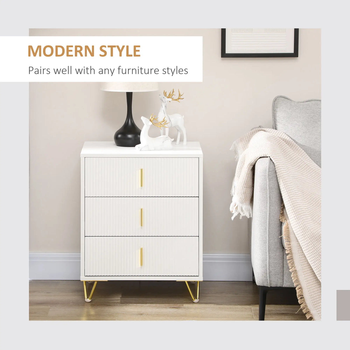 3-Drawer Storage Cabinet, Metal Legs, 19.7"x15.7"x24.8", White Storage Cabinets at Gallery Canada