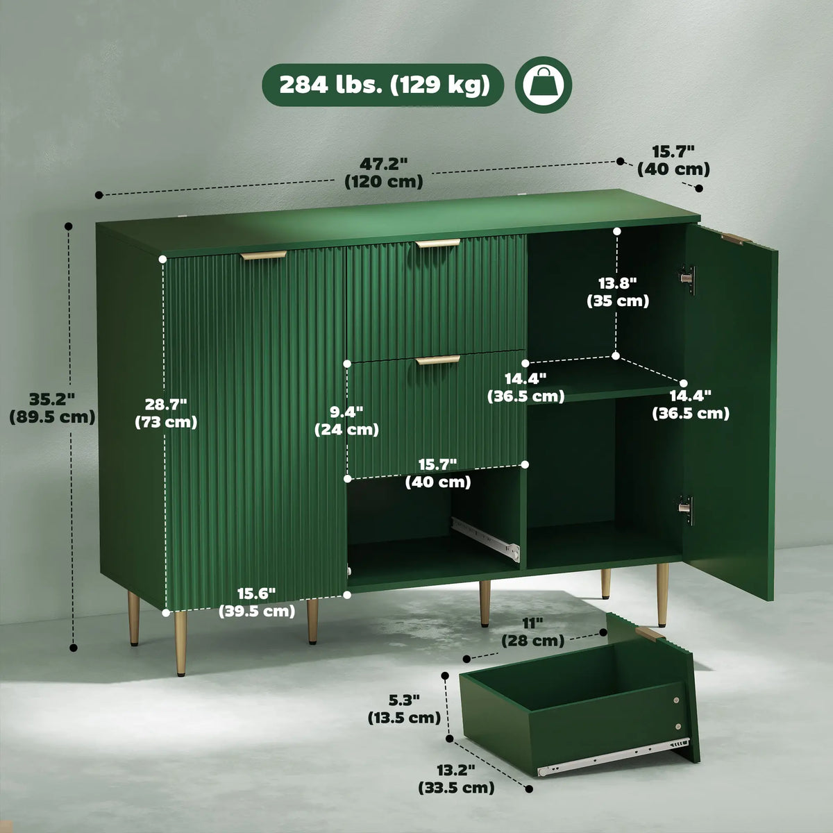 Modern Kitchen Storage Cabinet, Sideboard Buffet, 3 Drawers, Adjustable Shelves, Green Bar Cabinets at Gallery Canada