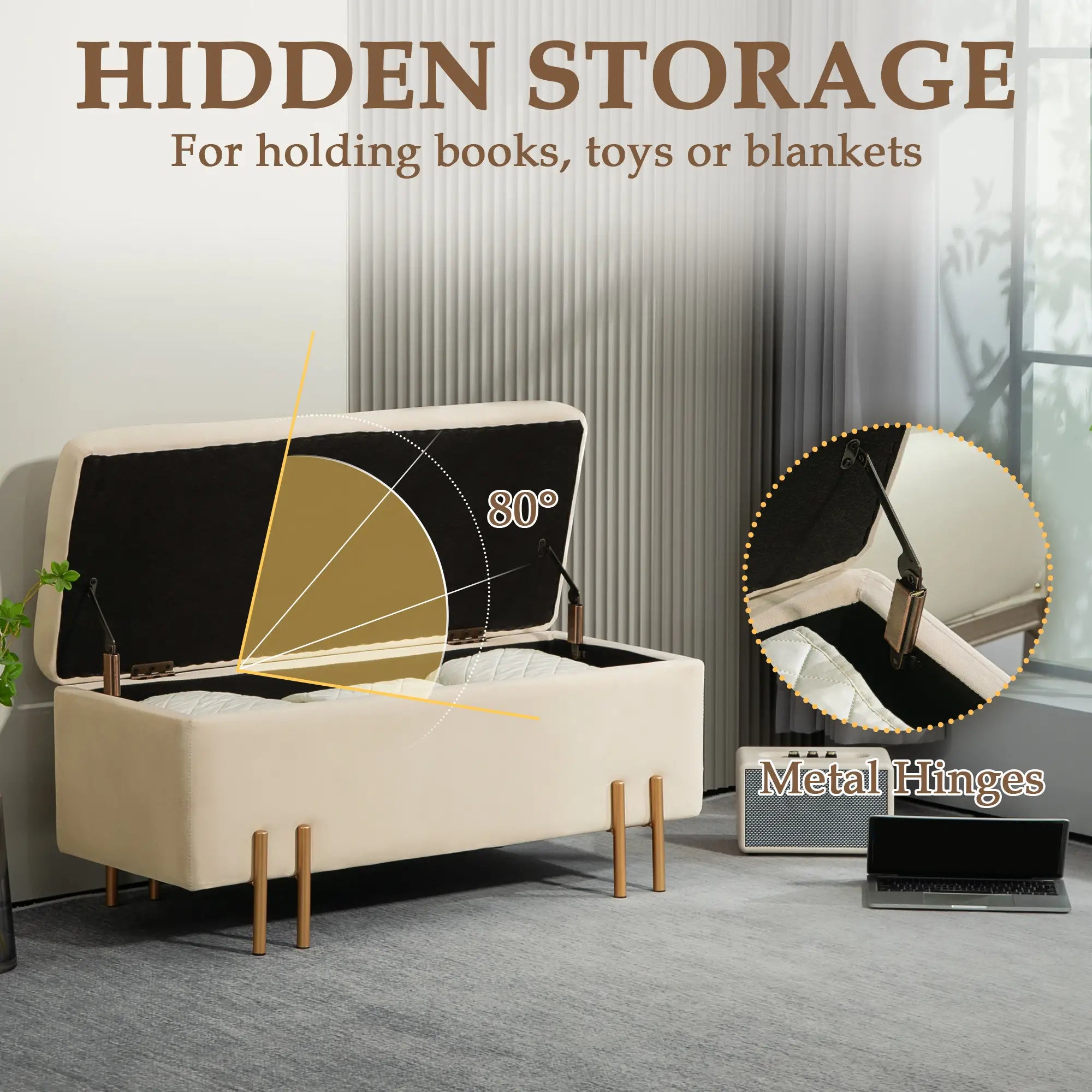 Storage Ottoman Bench, Flip-Top, 18.5 Gallons, Velvet, Metal Legs, Beige Storage Ottomans & Benches at Gallery Canada