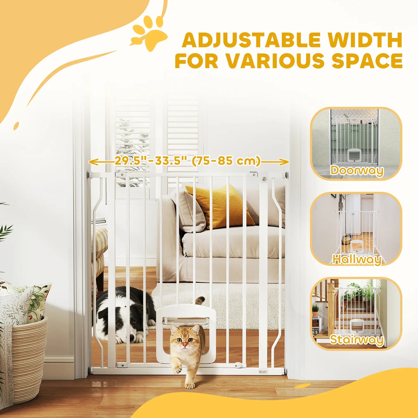 29.5-33.5" Adjustable Dog Gate with Cat Door, White Pet Gates at Gallery Canada