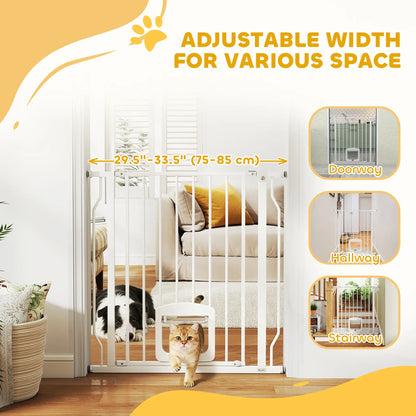 29.5-33.5" Adjustable Dog Gate with Cat Door, White Pet Gates at Gallery Canada