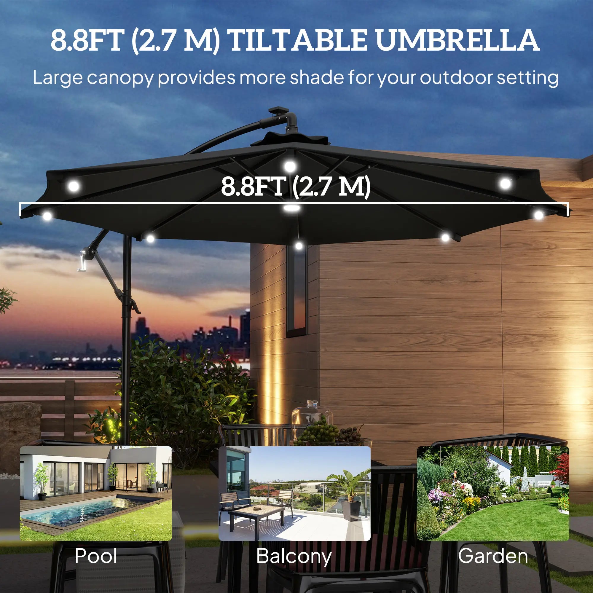 8.8FT Cantilever Patio Umbrella, Solar LED Lights, Crank Handle, Grey Offset Cantilever Umbrellas at Gallery Canada