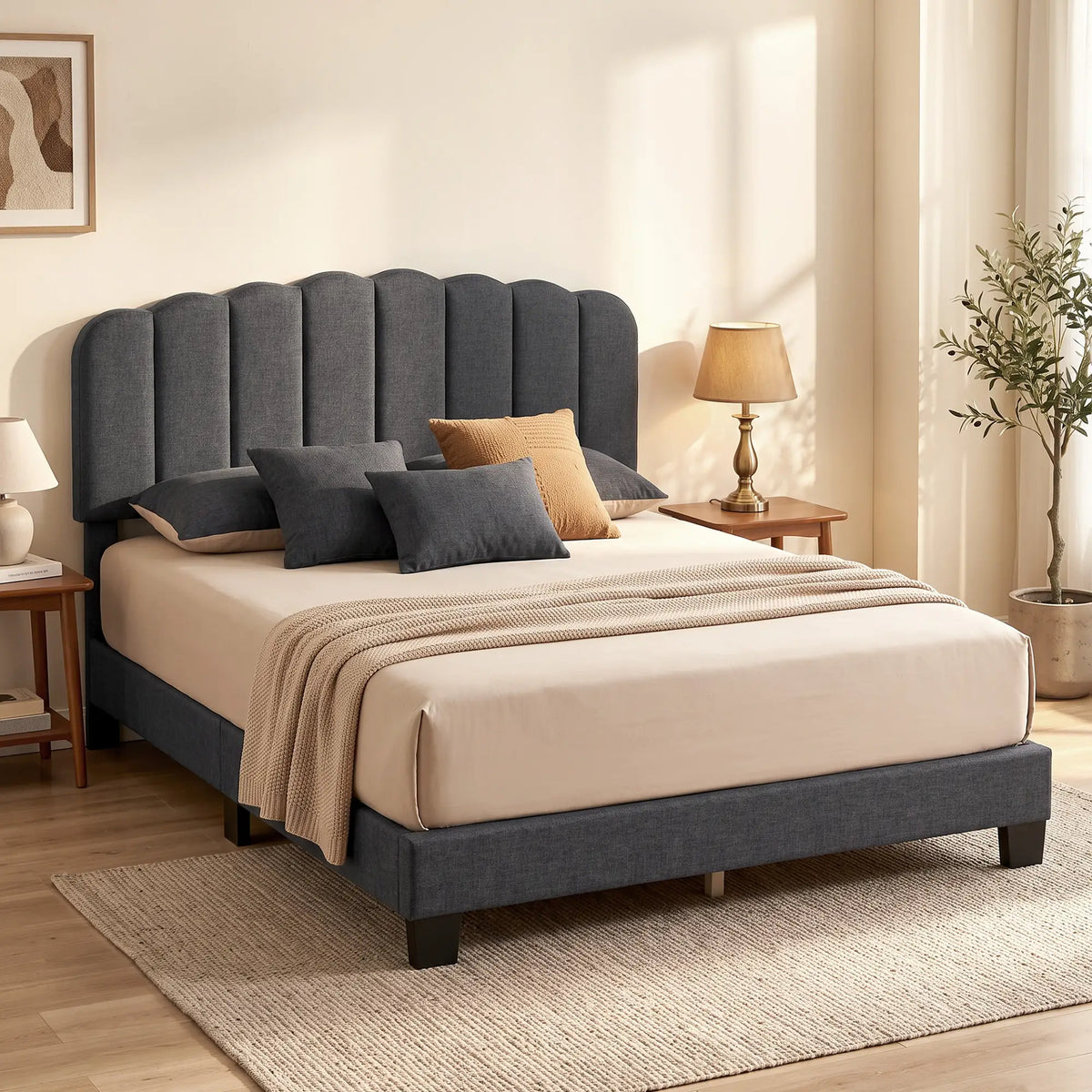 Queen Size Bed Frame, Upholstered Platform, Adjustable Headboard, Dark Grey, Dark Grey Bed Frames at Gallery Canada