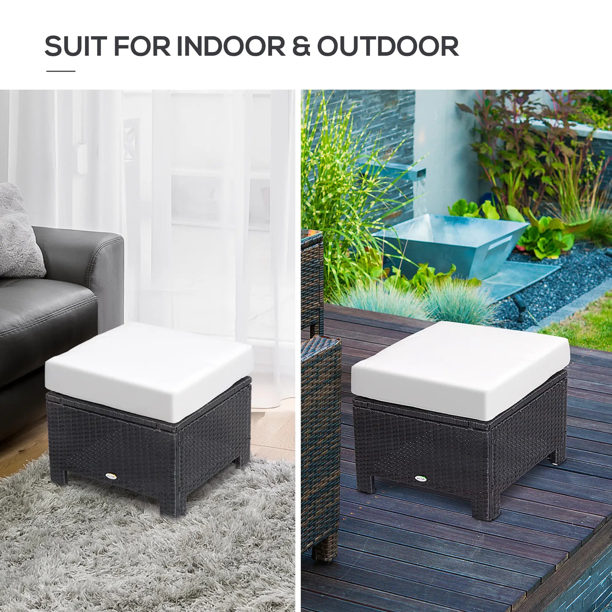 Patio Rattan Ottoman, Outdoor Wicker Footrest with Cushion, White Patio Furniture Sets at Gallery Canada
